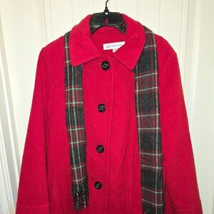 Liz Claiborne Coat & Scarf XL Women's Red Jacket Lined Long Sleeves